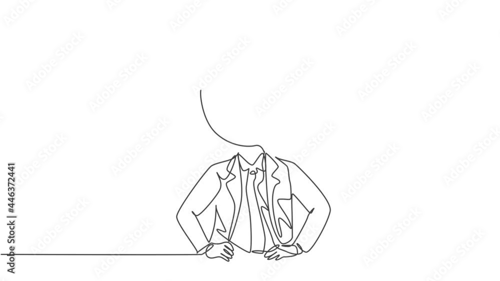 Poster self drawing animation of single one line draw young business man with analog clock head at the offi