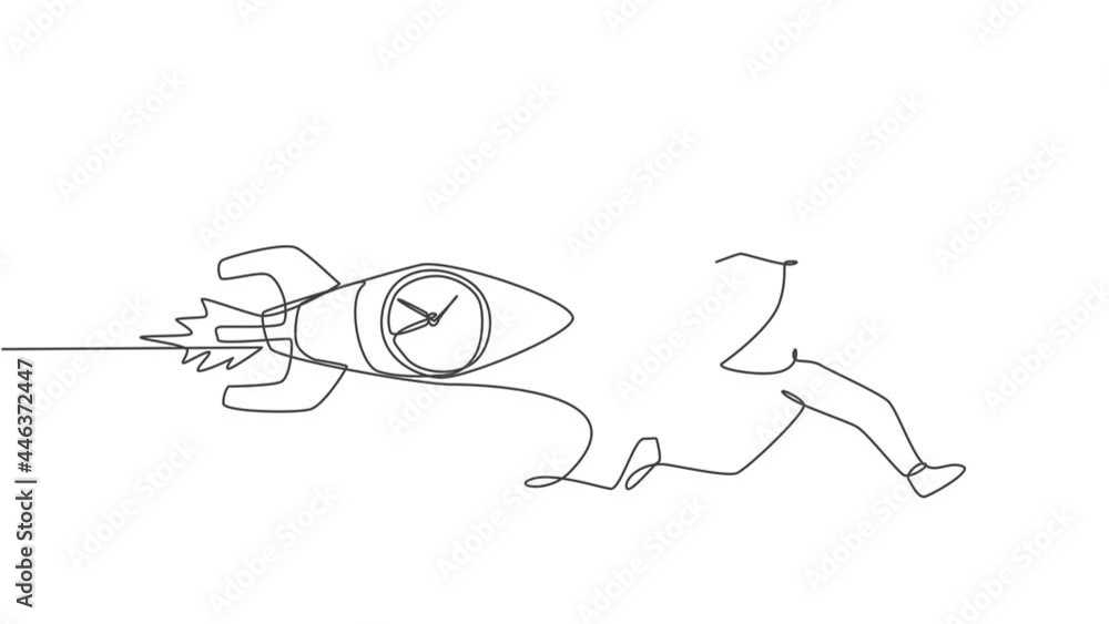 Poster animated self drawing of continuous one line draw male worker chased by flying rocket with analog cl