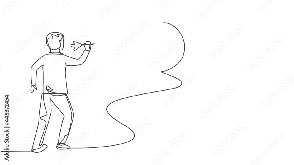 Poster self drawing animation of single one line draw young business man hit the analog clock on wall with 