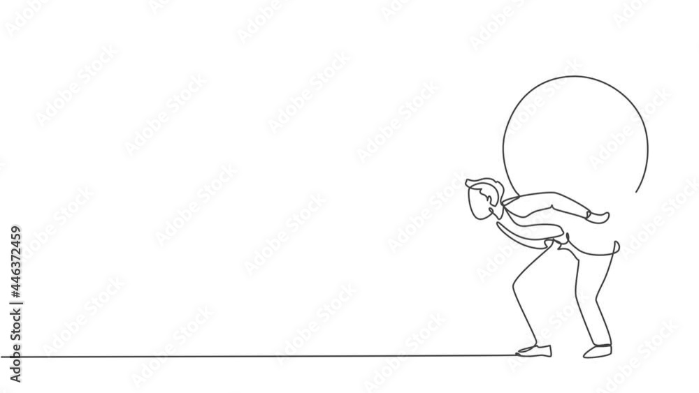 Poster self drawing animation of single one line draw young business man shouldered heavy big analog clock 