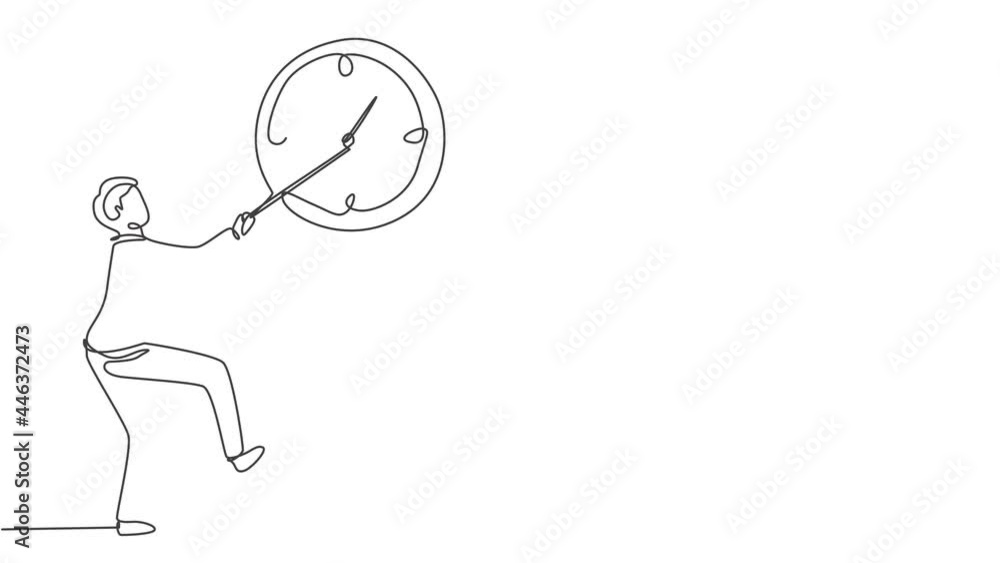 Poster animated self drawing of continuous one line draw young male worker pulling clockwise big analog clo