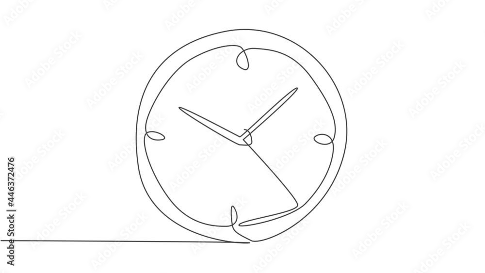 Poster self drawing animation of single one line draw young business man hanging on clockwise of giant anal