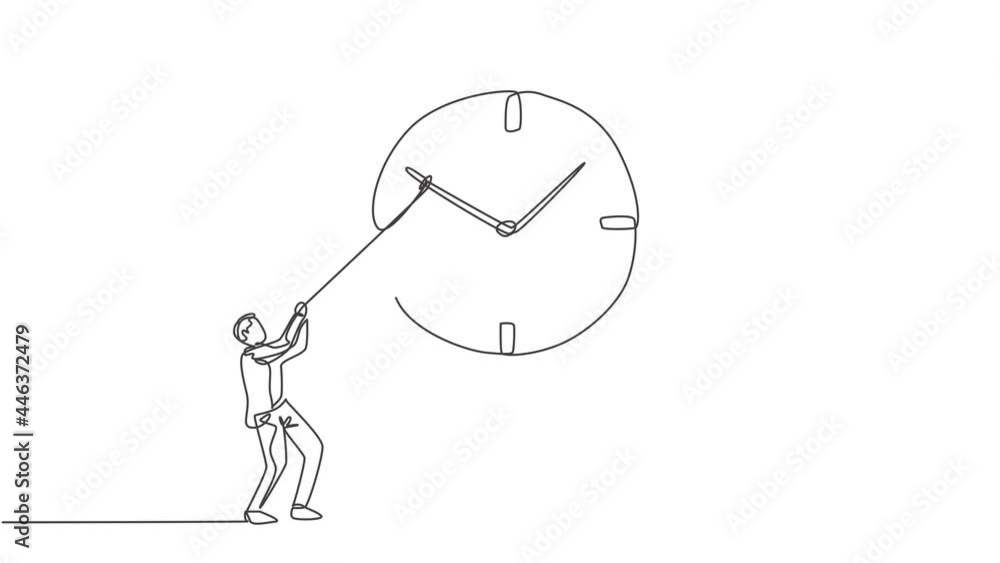 Poster animated self drawing of continuous one line draw young male worker pulling clockwise of big analog 