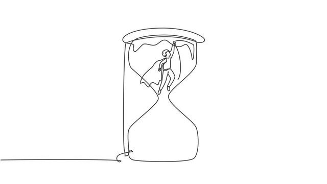 Animated self drawing of single continuous line draw young business man with wing flying to get out from hourglass. Minimalism metaphor business deadline concept. Full length one line animation.