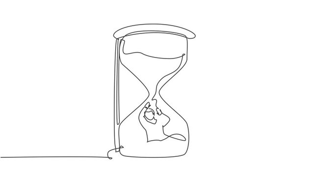 Animated self drawing of single continuous line draw young business man buried inside sandglass and asking for help . Minimalism metaphor business deadline concept. Full length one line animation.