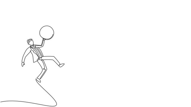 Animated self drawing of single continuous line draw young business man flying to the sky to reach analog clock. Minimalism metaphor business deadline concept. Full length one line animation.