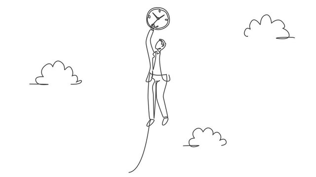 Animated self drawing of single continuous line draw young business man flying to the sky to reach analog clock. Minimalism metaphor business deadline concept. Full length one line animation.