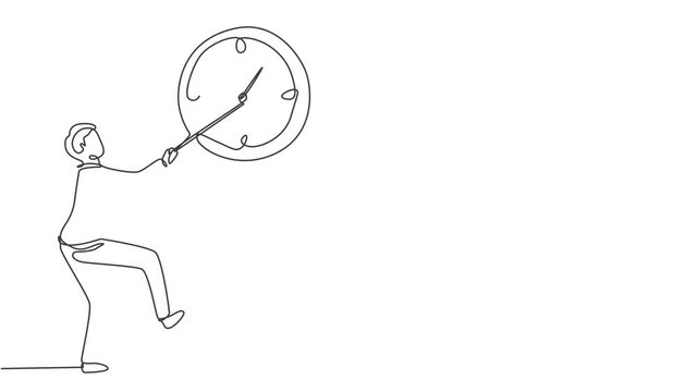 Animated self drawing of continuous one line draw young male worker pulling clockwise big analog clock on the wall. Time management business minimalist concept. Full length single line animation.