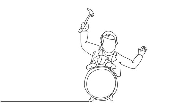Animated self drawing of single continuous line draw young stressful business man hit the alarm clock with hammer. Minimalism metaphor business deadline concept. Full length one line animation.