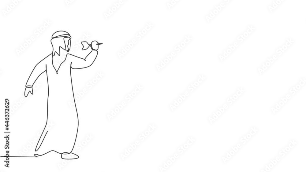 Poster animated self drawing of single continuous line draw young arab business man focus to hit target wit
