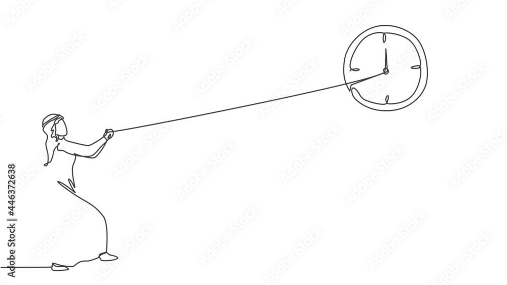 Poster animated self drawing of single continuous line draw young arab business man pulling clockwise of bi