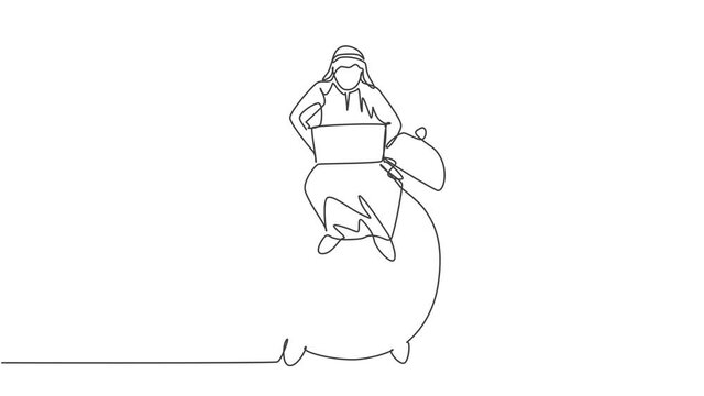 Animated self drawing of single continuous line draw young Arab business man sitting on big analog alarm clock, typing on laptop. Business discipline metaphor concept. Full length one line animation.