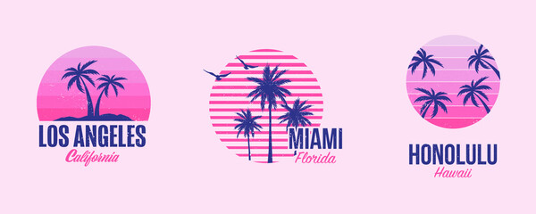 Naklejka premium Tshirt template graphics with palms and sunset, Good vibes in Miami, Los Angeles and Honolulu ,Summer Designs 