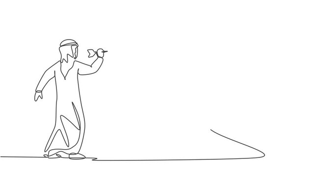 Animated self drawing of single continuous line draw young Arab business man hit the analog clock on wall with dart arrow. Focus target business metaphor concept. Full length one line animation.