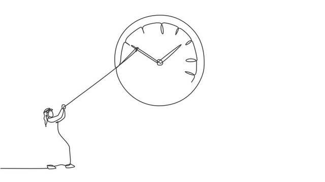 Animated self drawing of continuous one line draw young Arab male worker pulling clockwise big analog wall clock rope. Time management business minimalist concept. Full length single line animation.