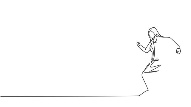 Animated self drawing of single continuous line draw young business woman walking on the street to go to her office. Business time discipline metaphor concept. Full length one line animation.