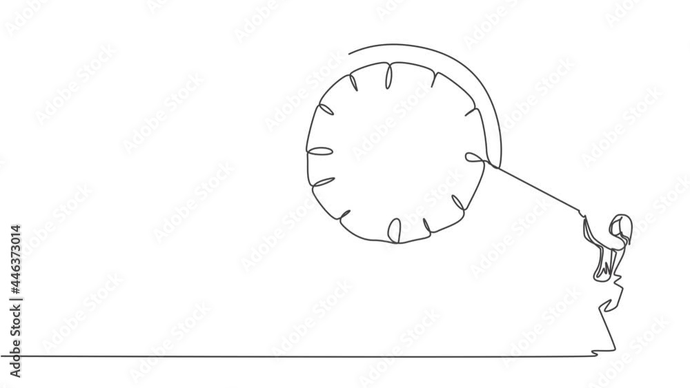 Poster self drawing animation of single one line draw young business woman pulling clockwise of big analog 