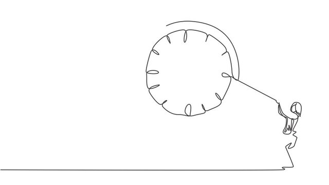 Self drawing animation of single one line draw young business woman pulling clockwise of big analog wall clock with rope. Time management minimalist concept. Continuous line draw. Full length animated