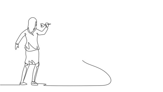 Animated self drawing of single continuous line draw young business woman hit the analog clock on wall with dart arrow. Business vision minimalism metaphor concept. Full length one line animation.