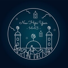 Vector illustration of happy new Hijri year 1443 with single line style. Happy Islamic New Year. Graphic design for the decoration of gift certificates, banners and flyer.