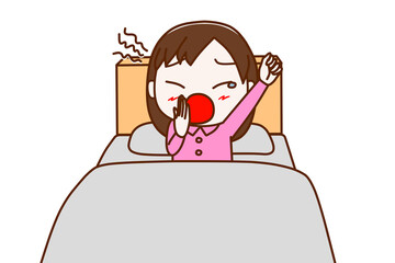 ＜正面＞眠すぎてベッドの中で大あくびをする少女