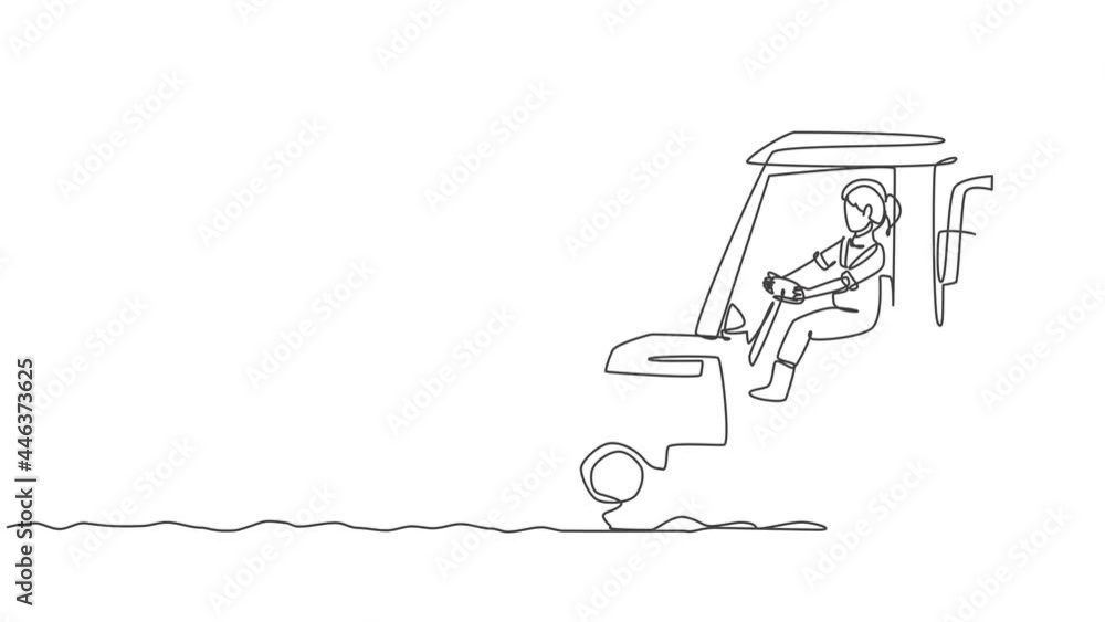Poster self drawing animation of single one line draw young female farmer drive a tractor to plow the field