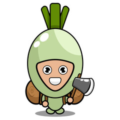 vector cartoon cute spring onion vegetable mascot character carrying a camping bag and holding an ax