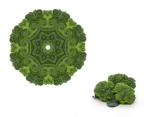 Circular fractal pattern of broccoli cabbage on white background. 