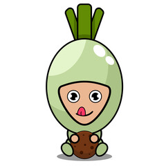 vector cartoon cute spring onion vegetable mascot character sitting eating cake