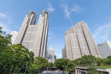 View of Tokyo metropolitan government building and skyscrapers at western area of Shinjuku.