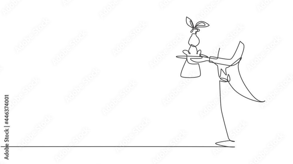Poster animated self drawing of single continuous line draw the magician puts on a show by getting a rabbit