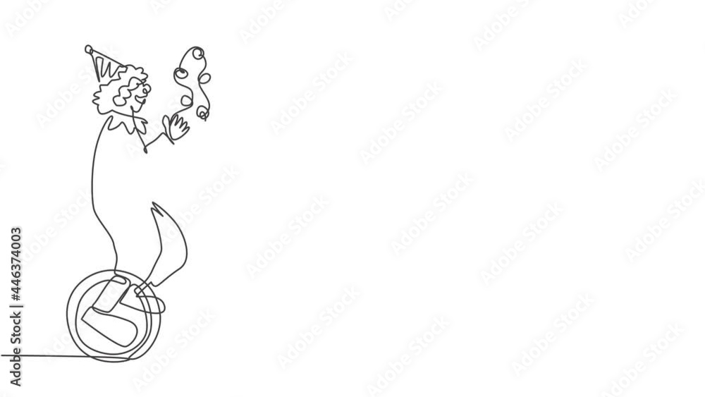 Poster animated self drawing of continuous one line draw a male clown juggling on a bicycle. the playing cl