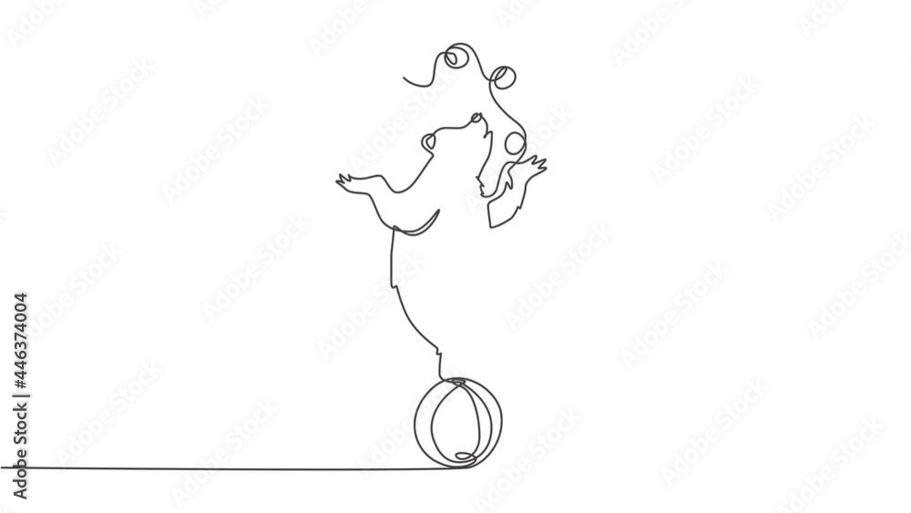Poster self drawing animation of single one line draw a trained brown bear juggling on its head while stand