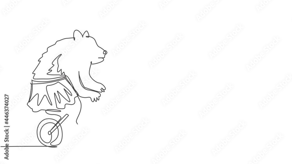 Poster animated self drawing of continuous one line draw a trained brown bear playing a bicycle around the 