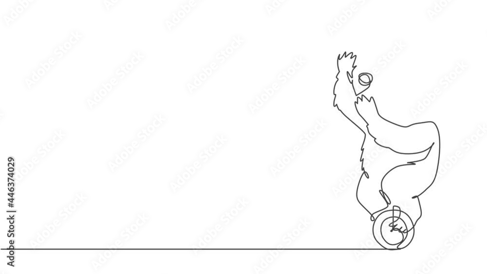 Poster animated self drawing of continuous one line draw a trained brown bear juggling on a one-wheeled bic