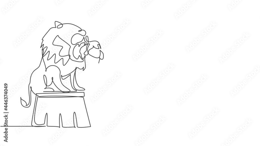 Poster self drawing animation of single one line draw a lion stands on a circus chair while following the i