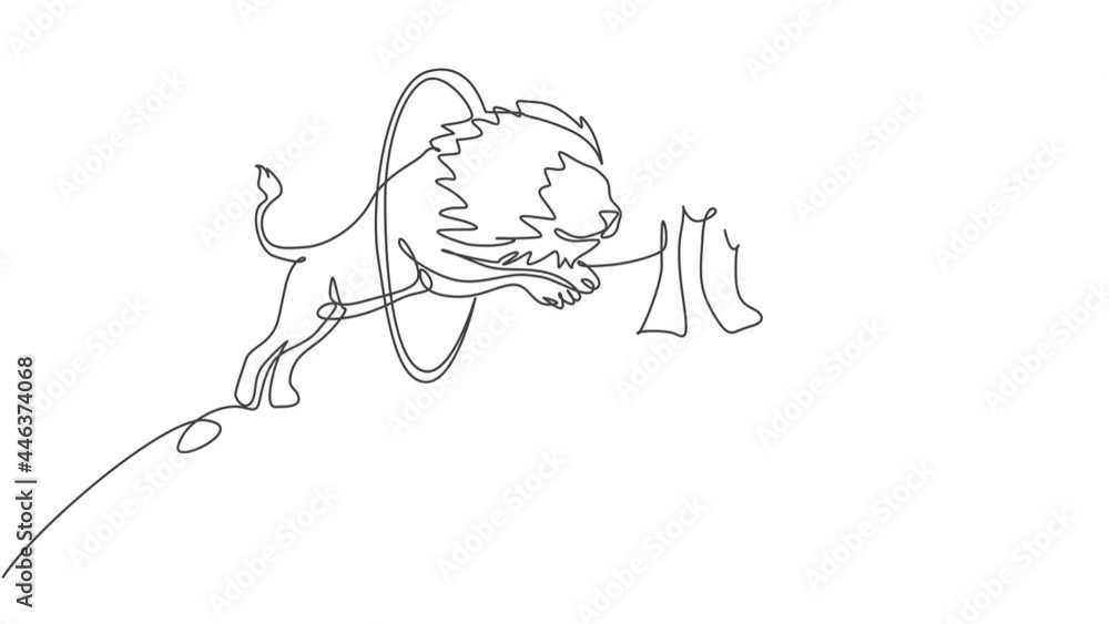 Poster animated self drawing of continuous one line draw a lion jumps into the circle held by the trainer. 