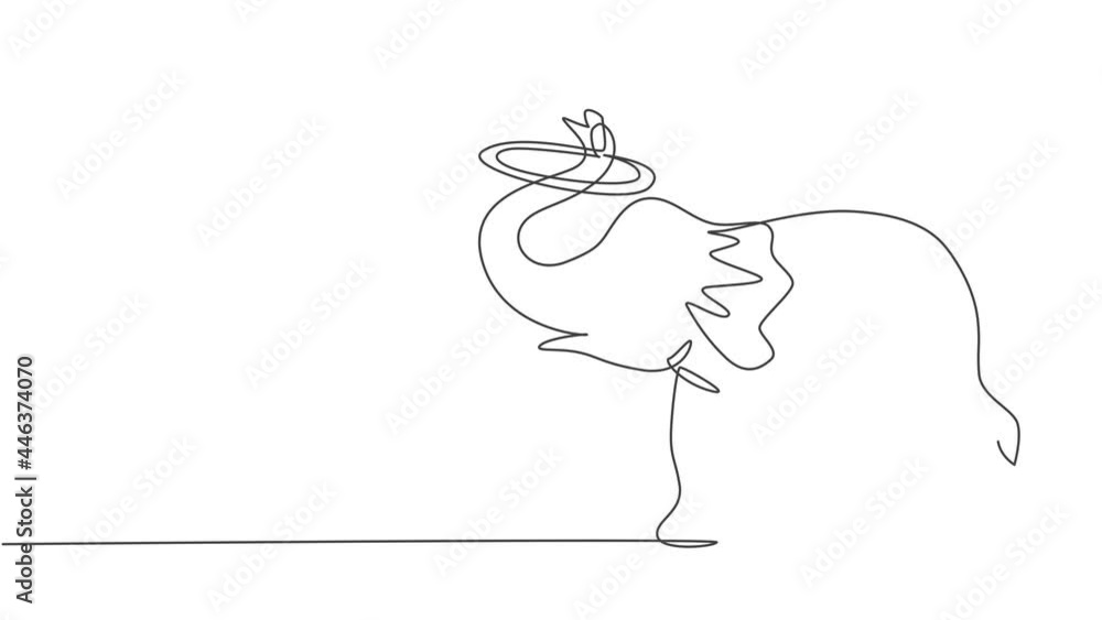 Poster self drawing animation of single one line draw an elephant performs a circus show by turning a circl