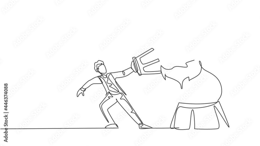 Poster animated self drawing of continuous one line draw a lion stands on a circus chair, pulling a chair w