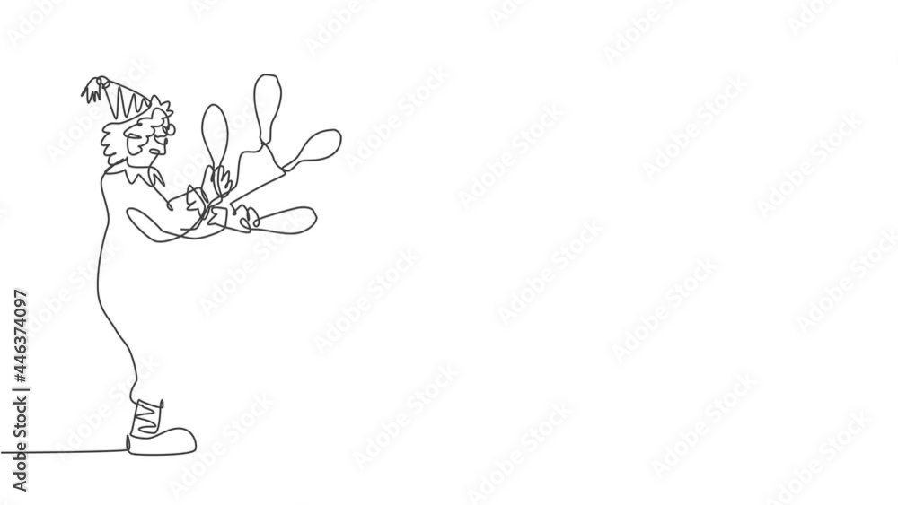 Poster animated self drawing of single continuous line draw a male clown juggling on one leg. the playing c