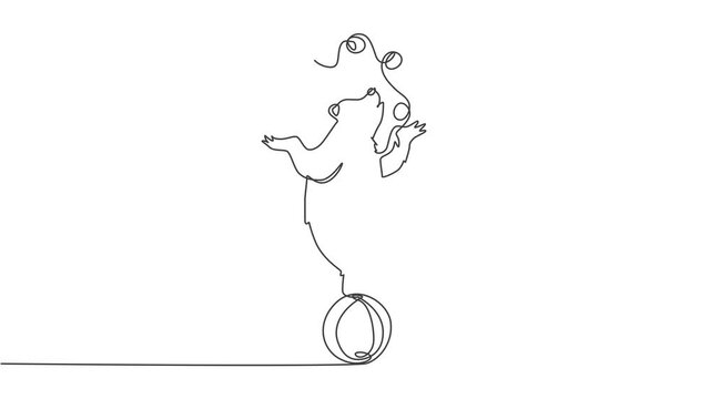 Self drawing animation of single one line draw a trained brown bear juggling on its head while standing on a ball. A very good circus show for all audiences. Continuous line draw. Full length animated