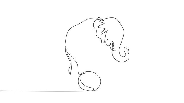 Animated self drawing of single continuous line draw a cute elephant stands on the ball with all fours awaiting further instructions from the trainer. Good circus show. Full length one line animation.