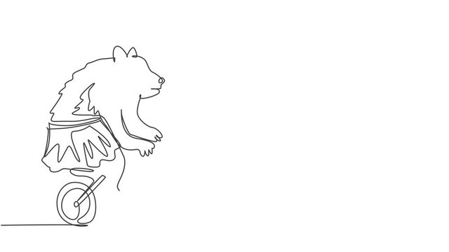 Animated self drawing of continuous one line draw a trained brown bear playing a bicycle around the track in the circus arena. Audience was amazed by bear's performance. Full length one line animation