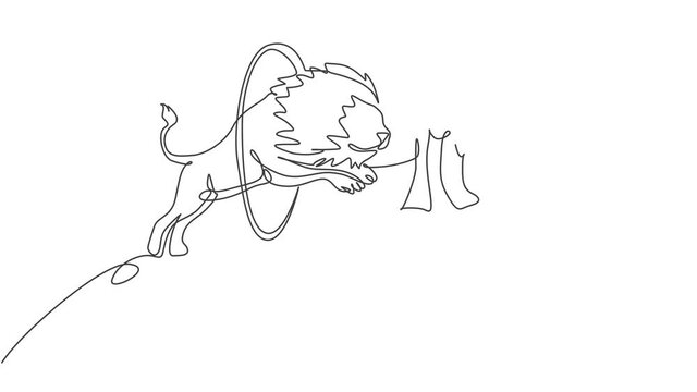 Animated self drawing of continuous one line draw a lion jumps into the circle held by the trainer. The trainer stands up carefully. A very challenging circus show. Full length single line animation.