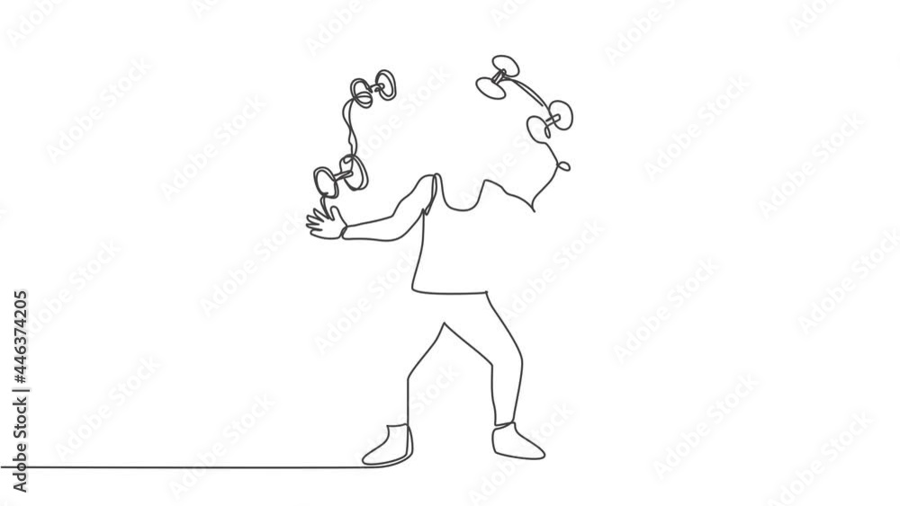 Poster self drawing animation of single one line draw an acrobat juggling small dumbbells. this game requir