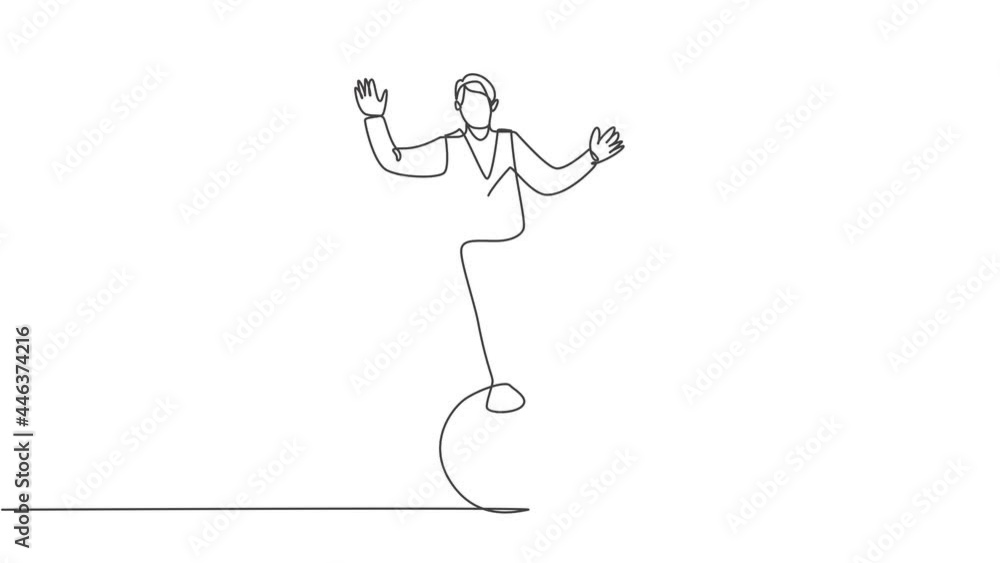 Poster animated self drawing of continuous one line draw male acrobat performs standing stunt with one foot