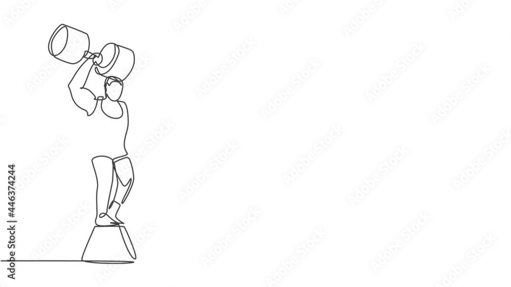Poster animated self drawing of single continuous line draw strong people lift large dumbbells with only on