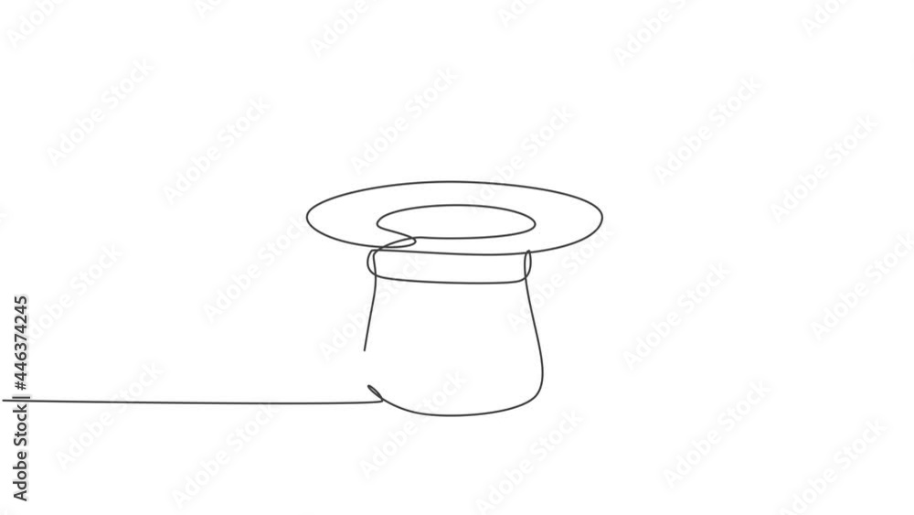 Poster animated self drawing of single continuous line draw magic hat and wand that a magician needs for a 