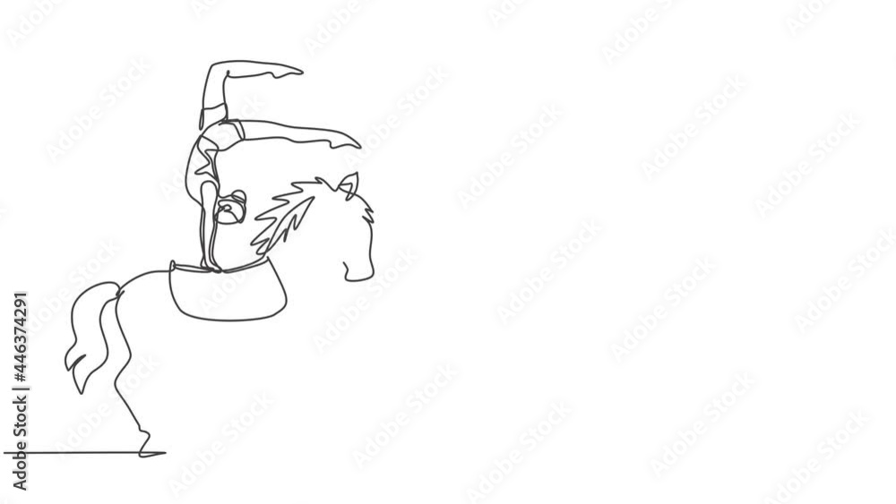 Poster animated self drawing of continuous one line draw a female acrobat performs on circus horse while pe