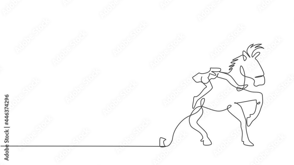 Poster self drawing animation of single one line draw a female acrobat performs on a circus horse while dan